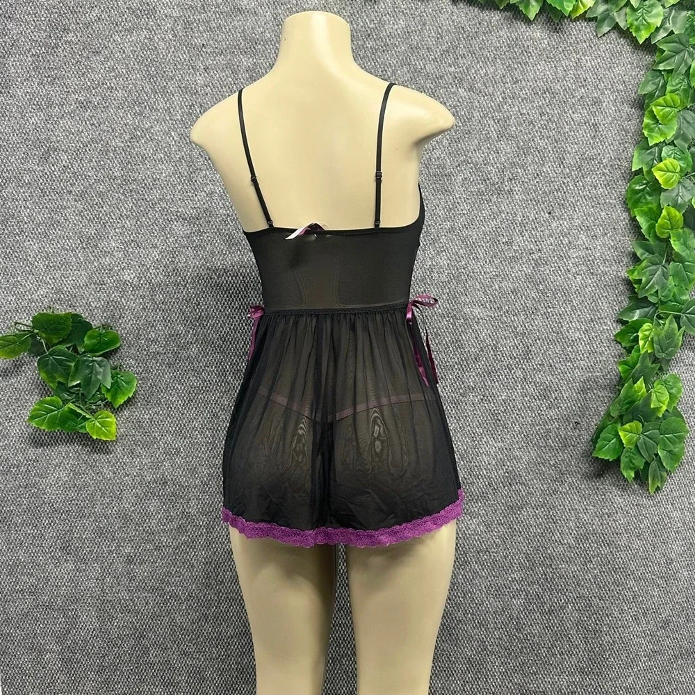 adore Me Lace Mesh Babydoll Lingerie Chemise Nightgown Black Purple